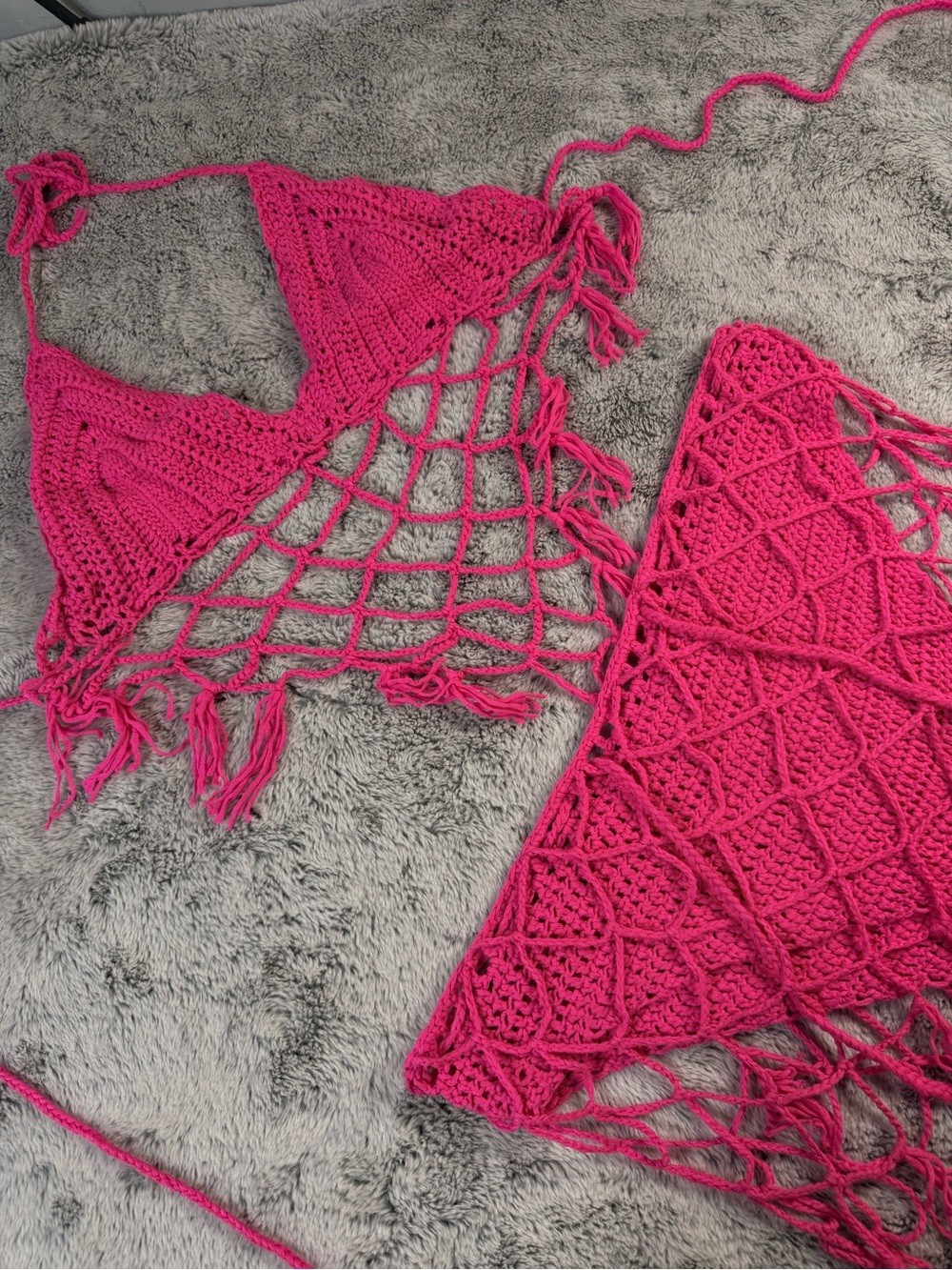 Crochet Fringe Bralette and Skirt Set - Hot Pink